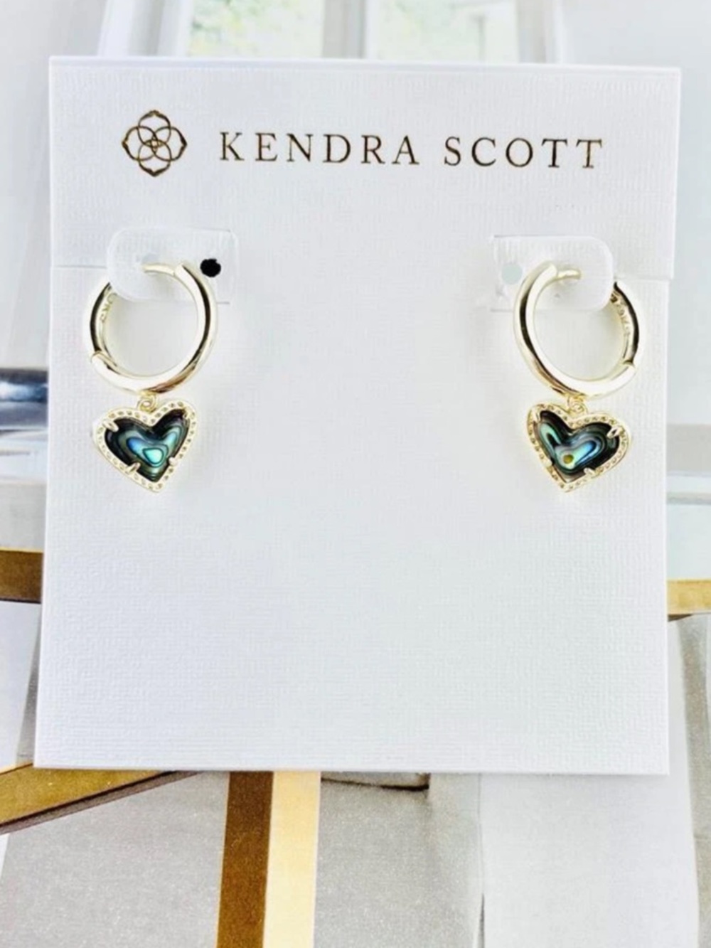 Kendra Scott Ari Gold Hoop Huggie Earrings with Abalone Heart Charm NWT